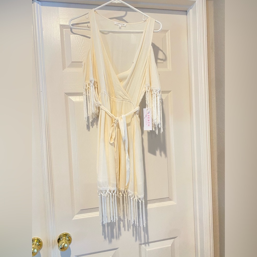New white off white fringe summer dress off shoulder